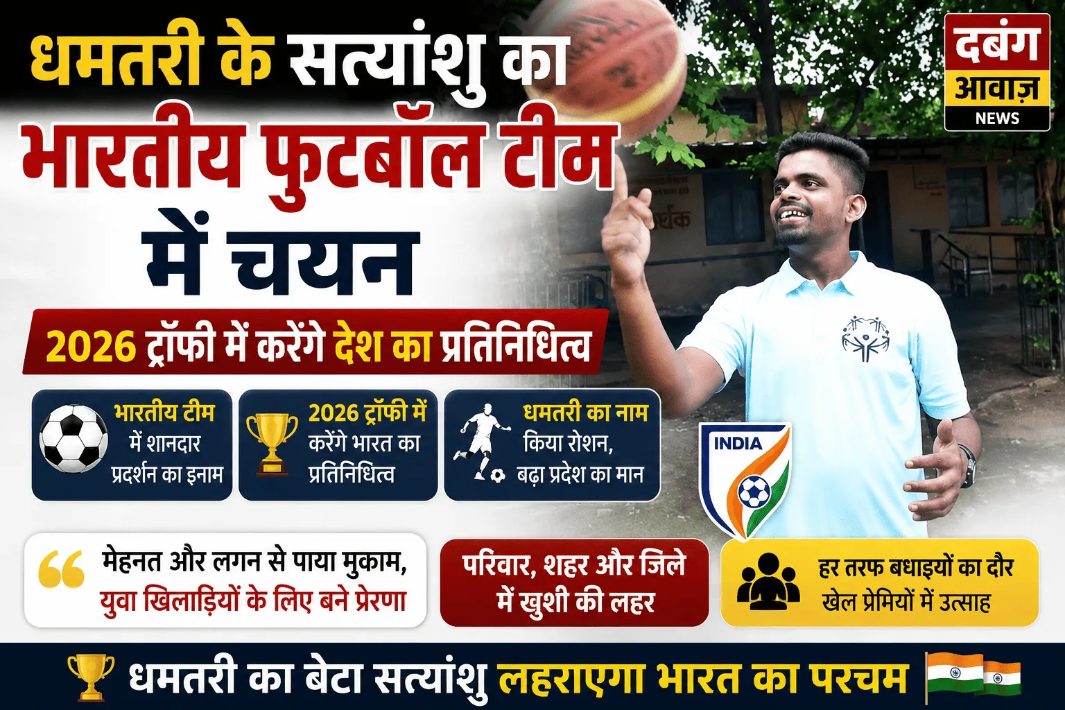 धमतरी के सत्यांशु का भारतीय फुटबॉल टीम में चयन, 2026 ट्रॉफी में करेंगे देश का प्रतिनिधित्व