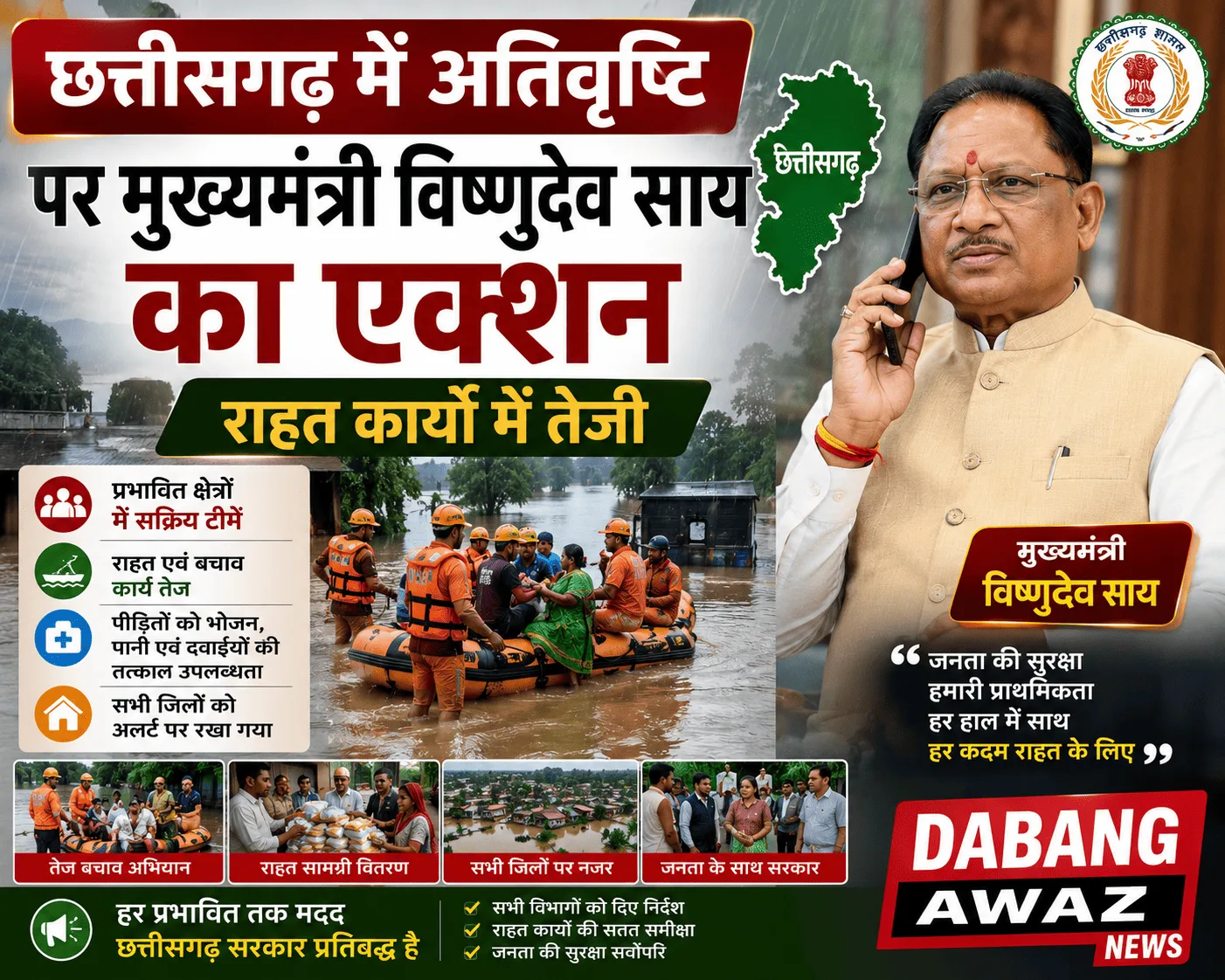 मुख्यमंत्री विष्णुदेव साय ने अतिवृष्टि प्रभावित क्षेत्रों में राहत कार्य तेज करने कहा