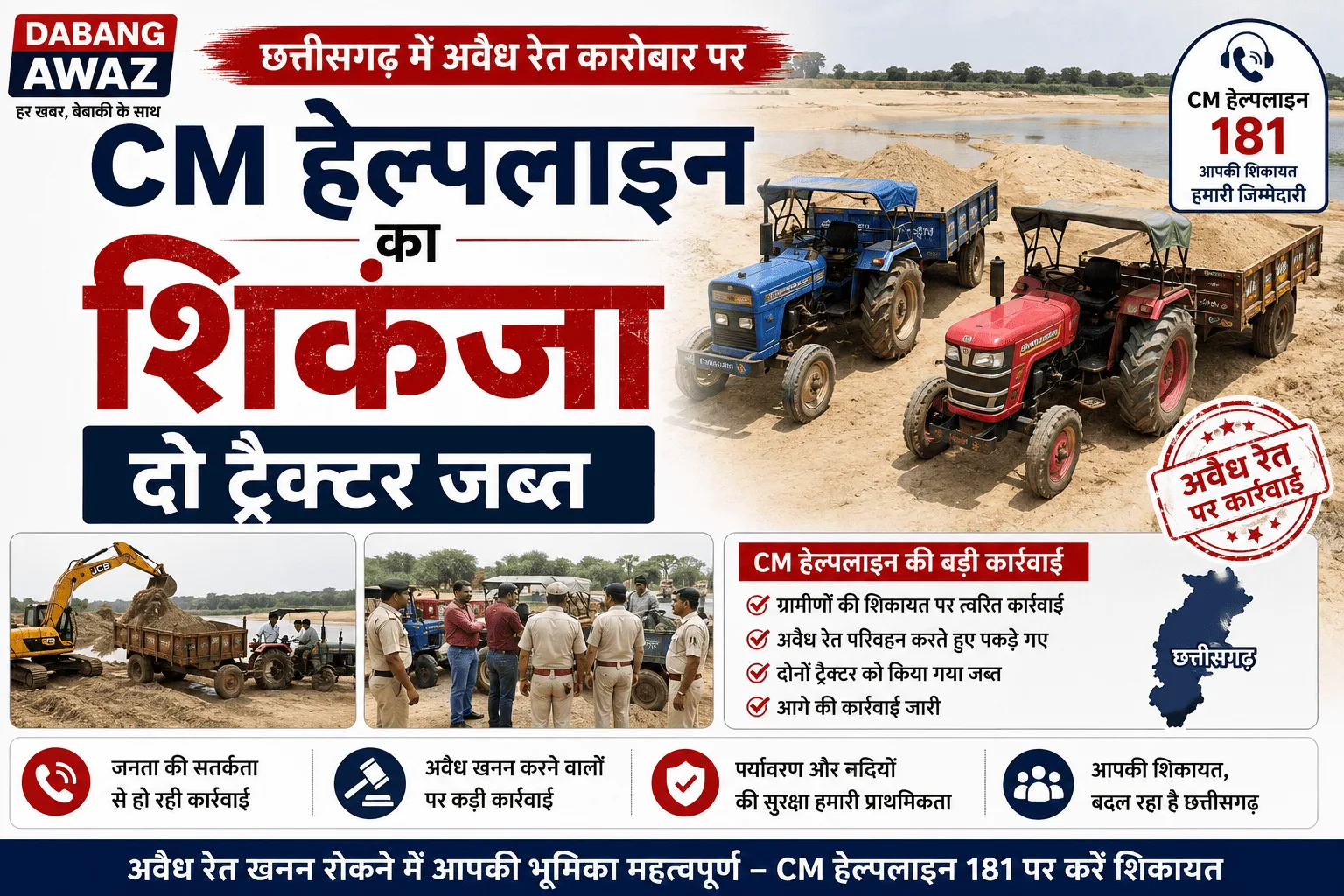 छत्तीसगढ़ में अवैध रेत कारोबार पर CM हेल्पलाइन का शिकंजा, दो ट्रैक्टर जब्त