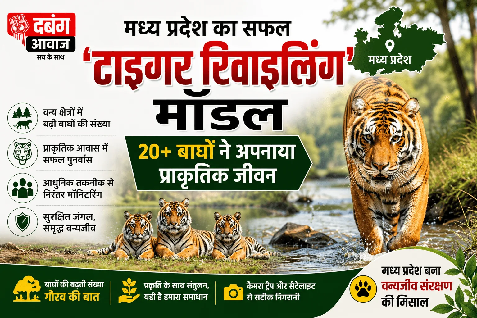 मध्य प्रदेश का सफल 'टाइगर रिवाइल्डिंग' मॉडल: 20+ बाघों ने अपनाया प्राकृतिक जीवन