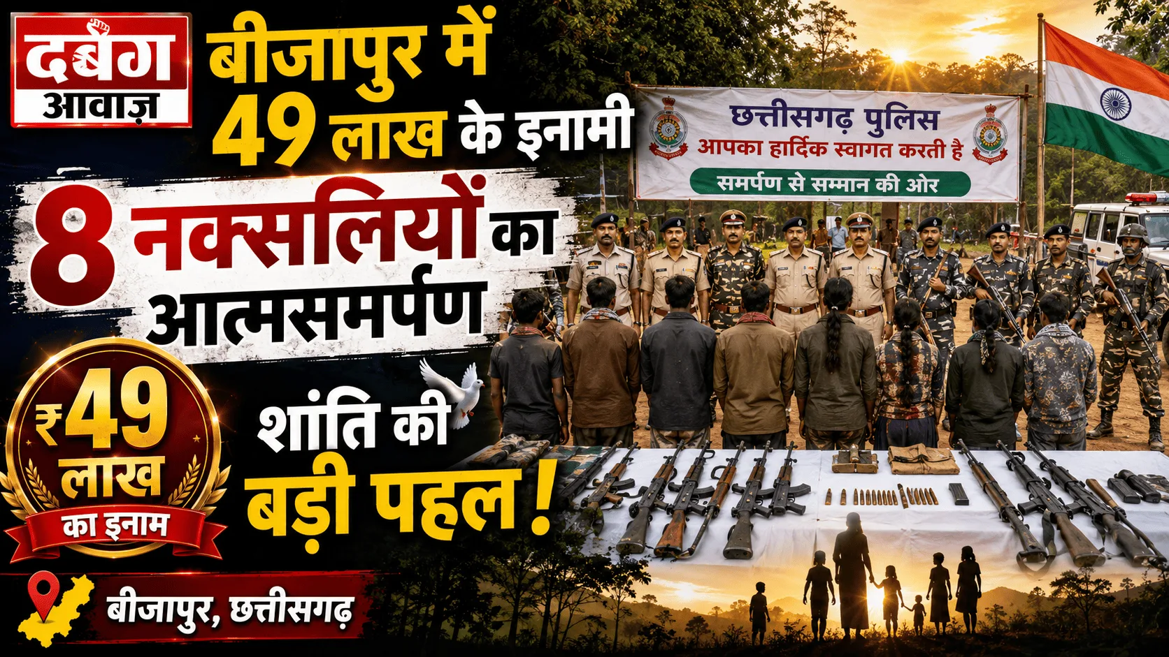 बीजापुर में 49 लाख के इनामी 8 नक्सलियों का आत्मसमर्पण, शांति की बड़ी पहल