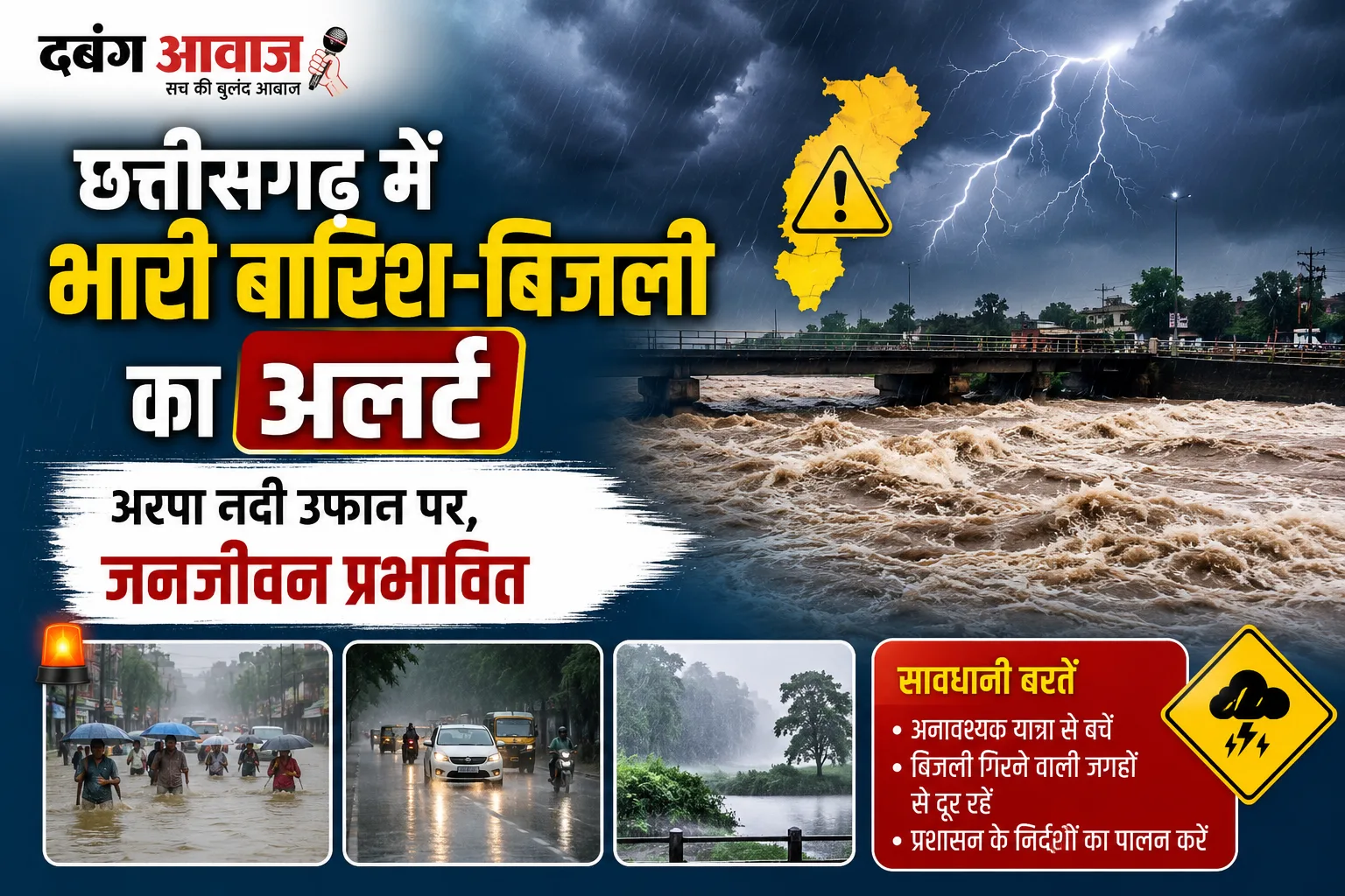 छत्तीसगढ़ में भारी बारिश-बिजली का अलर्ट: अरपा नदी उफान पर, जनजीवन प्रभावित