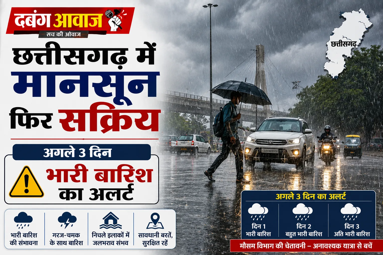 छत्तीसगढ़ में मानसून फिर सक्रिय, अगले 3 दिन भारी बारिश का अलर्ट