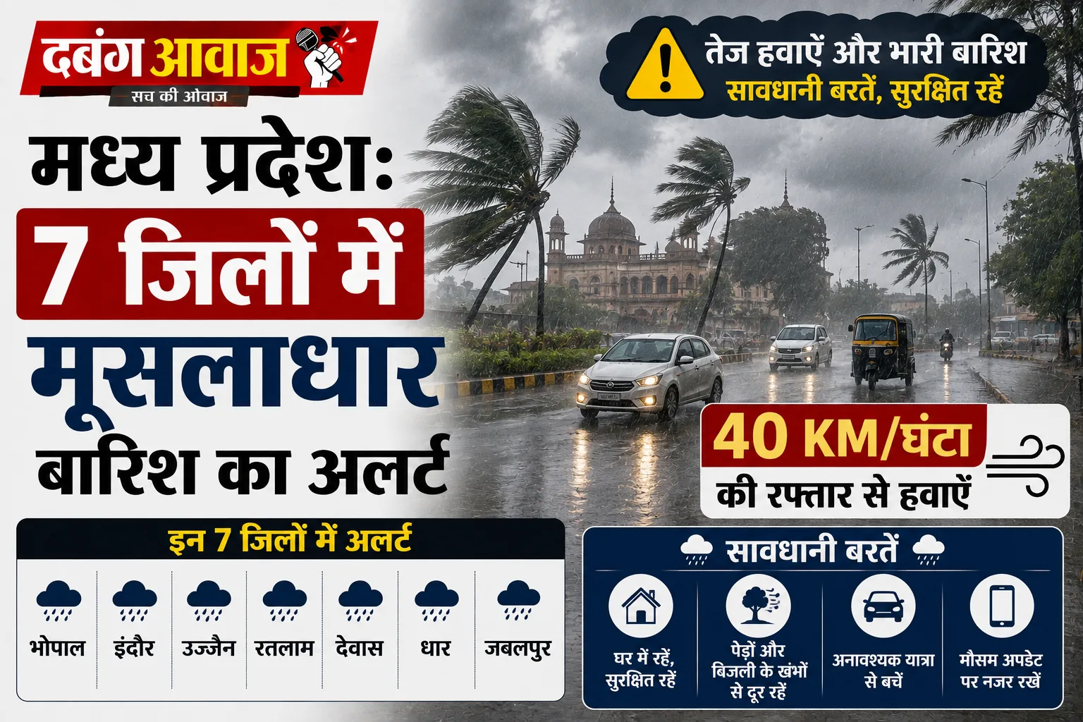मध्य प्रदेश: 7 जिलों में मूसलाधार बारिश का अलर्ट, 40 KM/घंटा की रफ्तार से हवाएँ